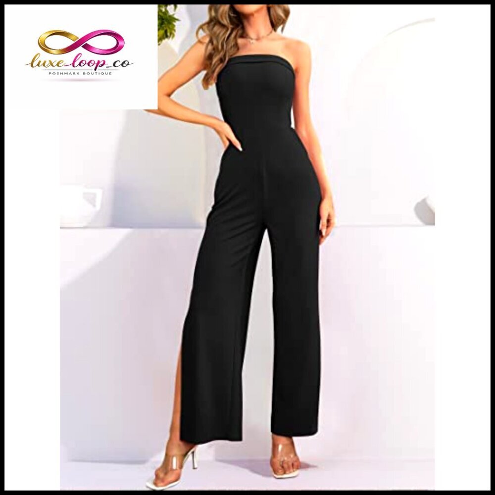 Strapless Jumpsuit Off Shoulder High Waist Wide Leg Side Slit Pockets - Picture 3 of 7